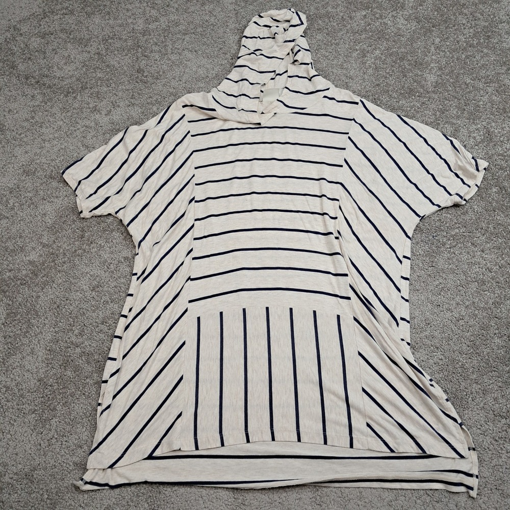 Zenergy by Chicos Womens Size 3 Striped Hooded Tunic Top Cream Navy Blue 6923